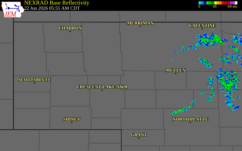 NEXRAD radar during the Monday, June 22, 2026 storm activity in Grant County, Nebraska