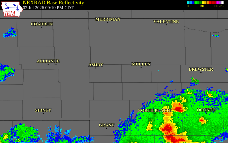 NEXRAD radar during the Thursday, July 2, 2026 storm activity in Grant County, Nebraska