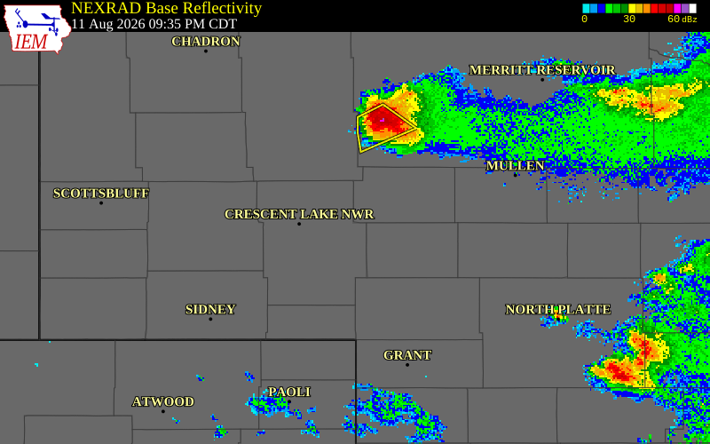 NEXRAD radar during the Tuesday, August 11, 2026 storm activity in Grant County, Nebraska