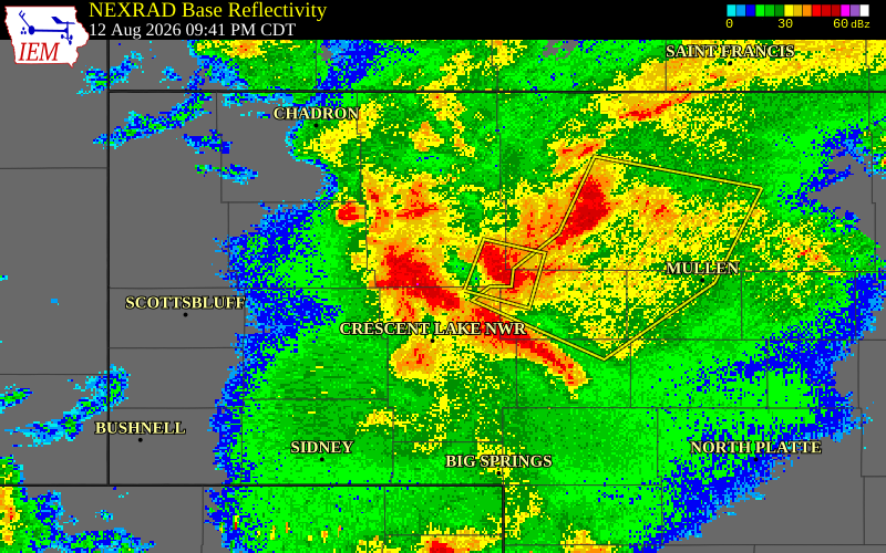 NEXRAD radar during the Wednesday, August 12, 2026 storm activity in Grant County, Nebraska