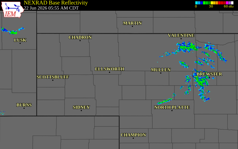 Radar snapshot during the Jun 22, 2026 hail event near 1 S Bingham, Grant County, Nebraska, with NWS warning polygons