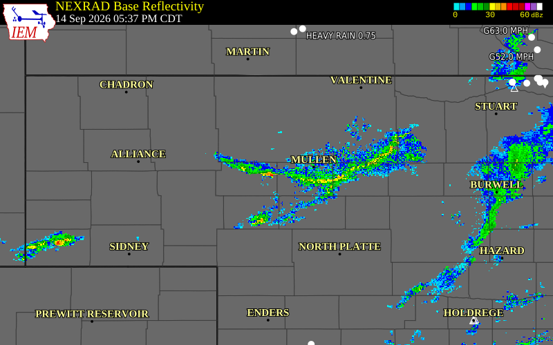 Current NEXRAD radar over Grant County, Nebraska with recent storm report locations
