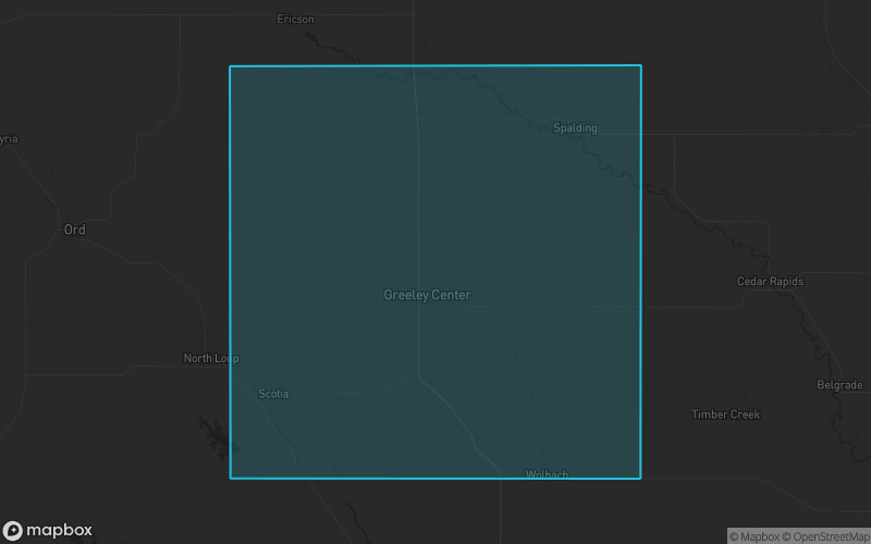 Map of Greeley County, Nebraska showing the county boundary and surrounding cities