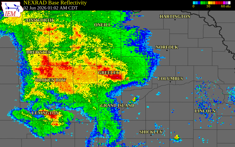 NEXRAD radar during the Tuesday, June 2, 2026 storm activity in Greeley County, Nebraska