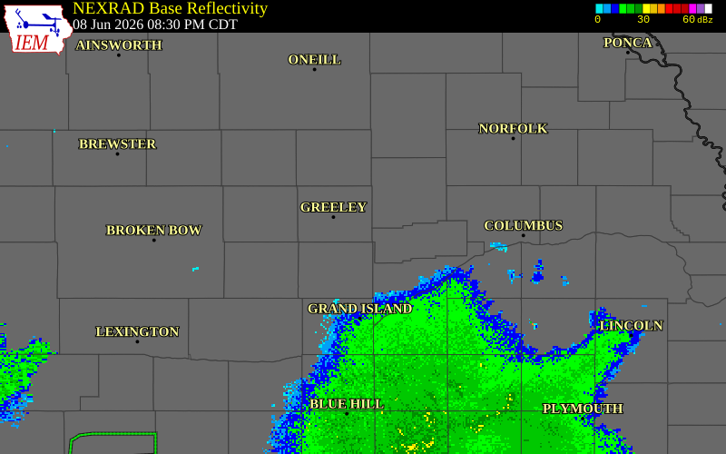 NEXRAD radar during the Monday, June 8, 2026 storm activity in Greeley County, Nebraska