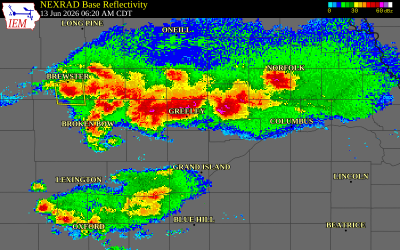 NEXRAD radar during the Saturday, June 13, 2026 storm activity in Greeley County, Nebraska