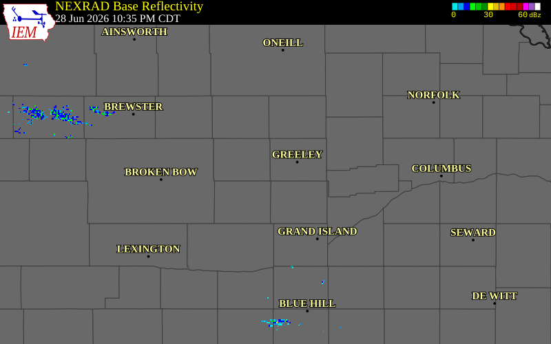 NEXRAD radar during the Sunday, June 28, 2026 storm activity in Greeley County, Nebraska