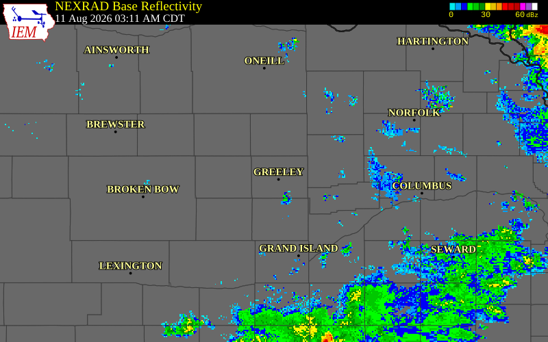 NEXRAD radar during the Tuesday, August 11, 2026 storm activity in Greeley County, Nebraska