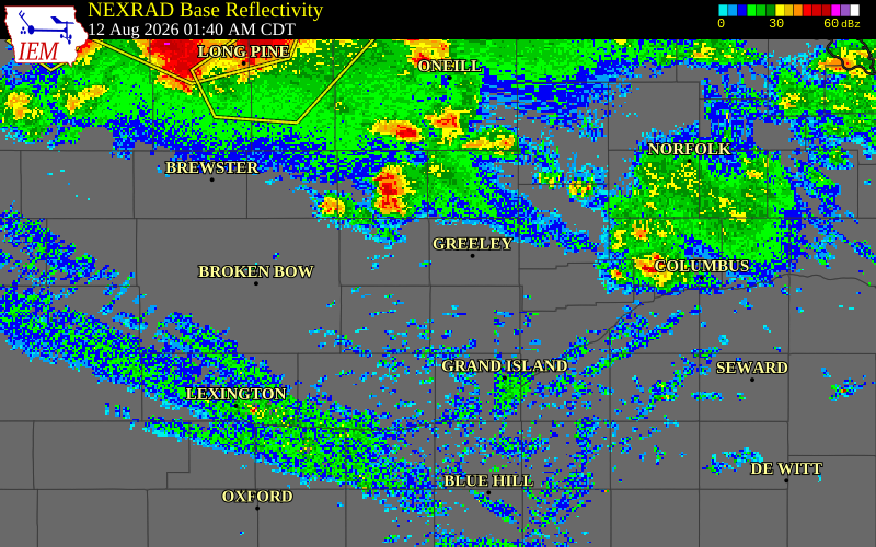 NEXRAD radar during the Wednesday, August 12, 2026 storm activity in Greeley County, Nebraska