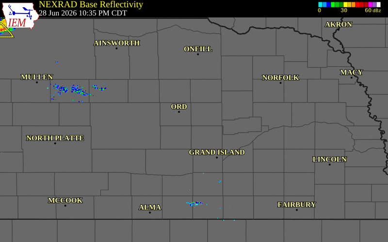 Radar snapshot during the Jun 28, 2026 hail event near 1 NW Scotia, Greeley County, Nebraska, with NWS warning polygons