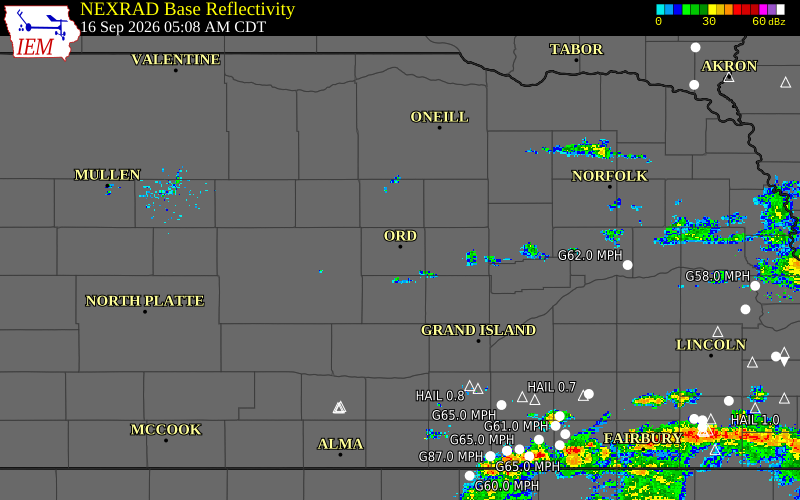 Current NEXRAD radar over Greeley County, Nebraska with recent storm report locations