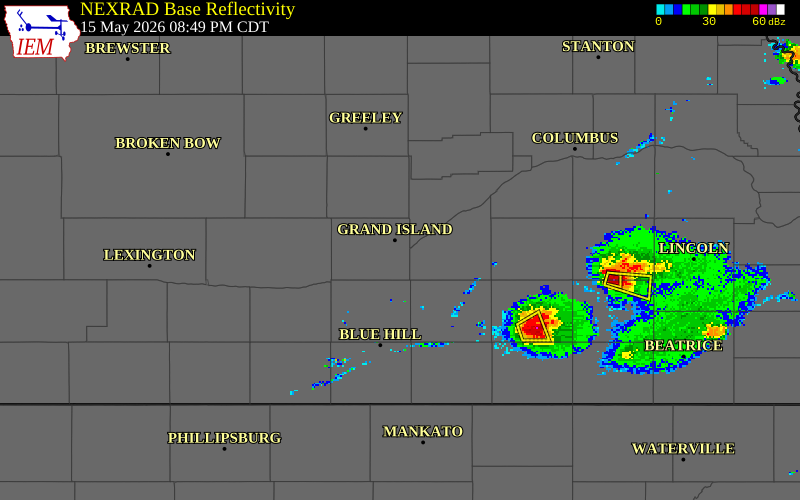 NEXRAD radar during the Friday, May 15, 2026 storm activity in Hall County, Nebraska