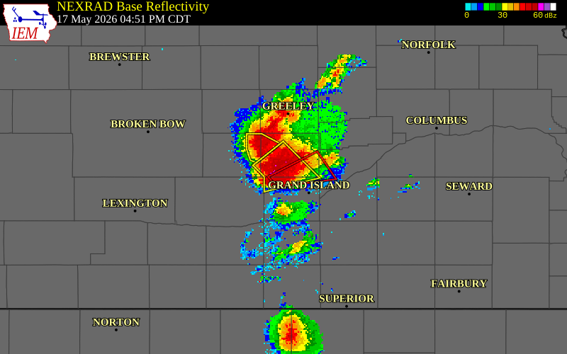 NEXRAD radar during the Sunday, May 17, 2026 storm activity in Hall County, Nebraska