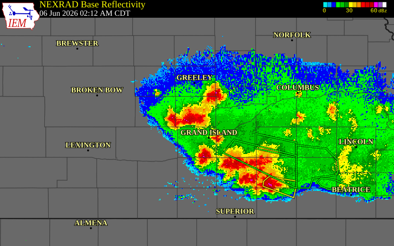 NEXRAD radar during the Saturday, June 6, 2026 storm activity in Hall County, Nebraska