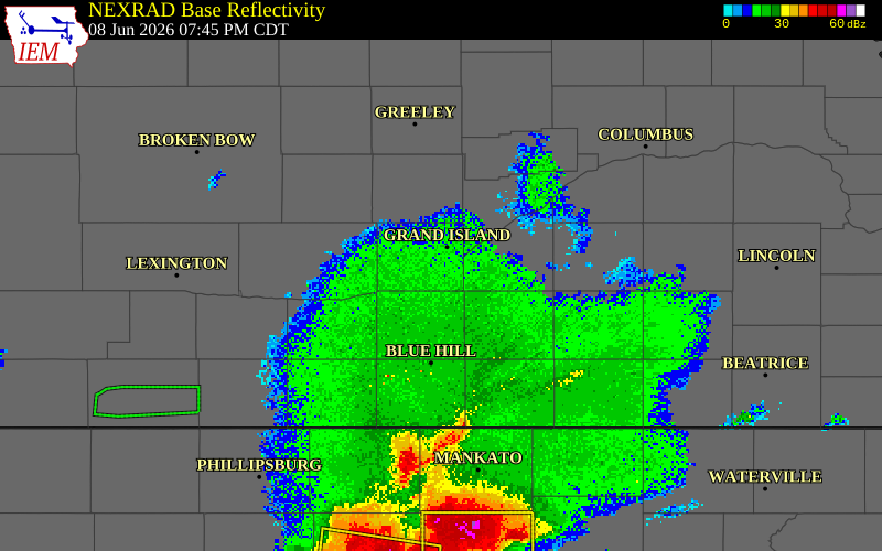 NEXRAD radar during the Monday, June 8, 2026 storm activity in Hall County, Nebraska