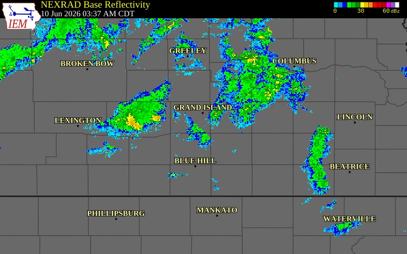 NEXRAD radar during the Wednesday, June 10, 2026 storm activity in Hall County, Nebraska