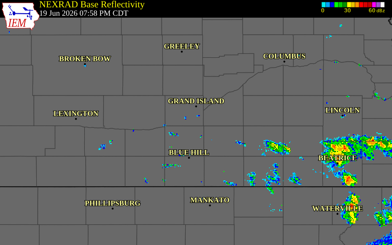 NEXRAD radar during the Friday, June 19, 2026 storm activity in Hall County, Nebraska
