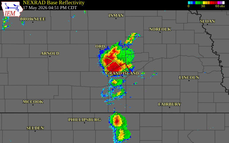 Radar snapshot during the May 17, 2026 tornado event near 4 NNE Cairo, Hall County, Nebraska, with NWS warning polygons