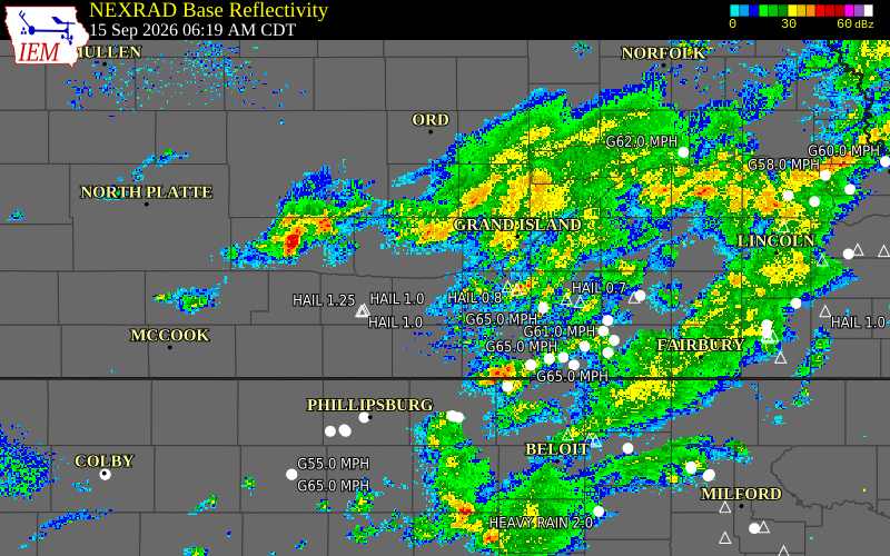 Current NEXRAD radar over Hall County, Nebraska with recent storm report locations