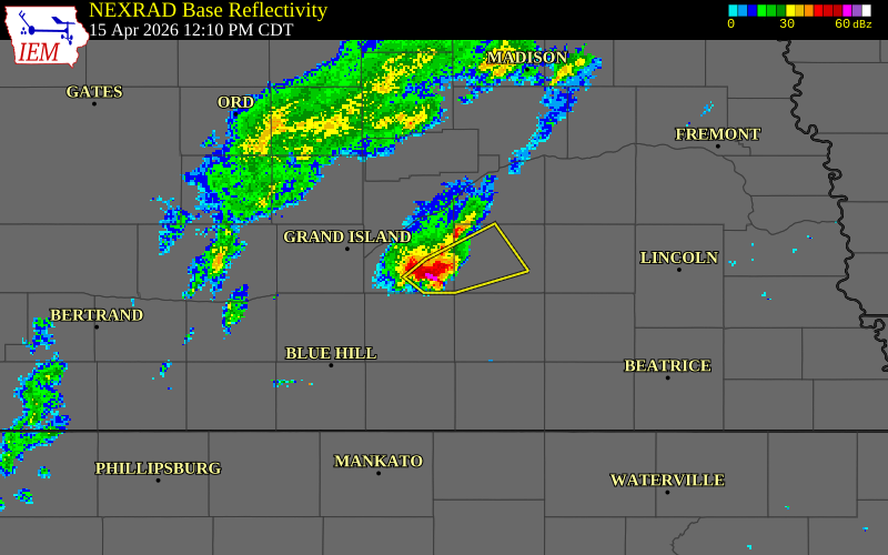 NEXRAD radar during the Wednesday, April 15, 2026 storm activity in Hamilton County, Nebraska