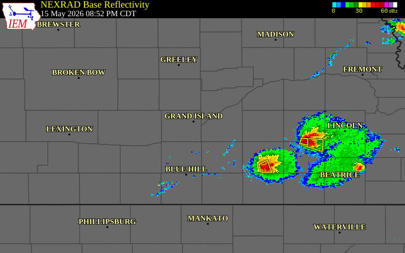 NEXRAD radar during the Friday, May 15, 2026 storm activity in Hamilton County, Nebraska