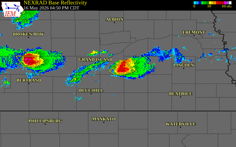 NEXRAD radar during the Saturday, May 16, 2026 storm activity in Hamilton County, Nebraska