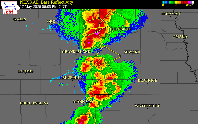 NEXRAD radar during the Sunday, May 17, 2026 storm activity in Hamilton County, Nebraska