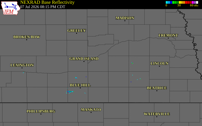 NEXRAD radar during the Tuesday, July 7, 2026 storm activity in Hamilton County, Nebraska