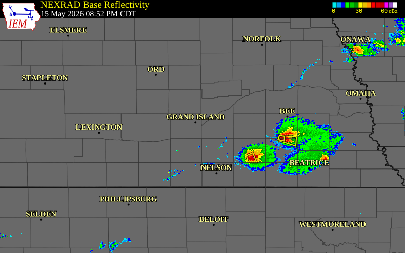 Radar snapshot during the May 15, 2026 hail event near 4 SW Phillips, Hamilton County, Nebraska, with NWS warning polygons