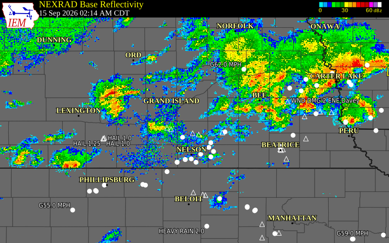 Current NEXRAD radar over Hamilton County, Nebraska with recent storm report locations