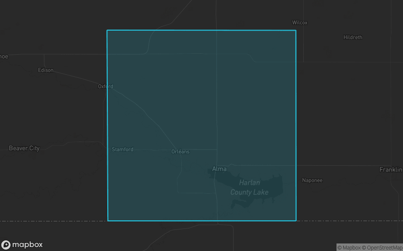 Map of Harlan County, Nebraska showing the county boundary and surrounding cities