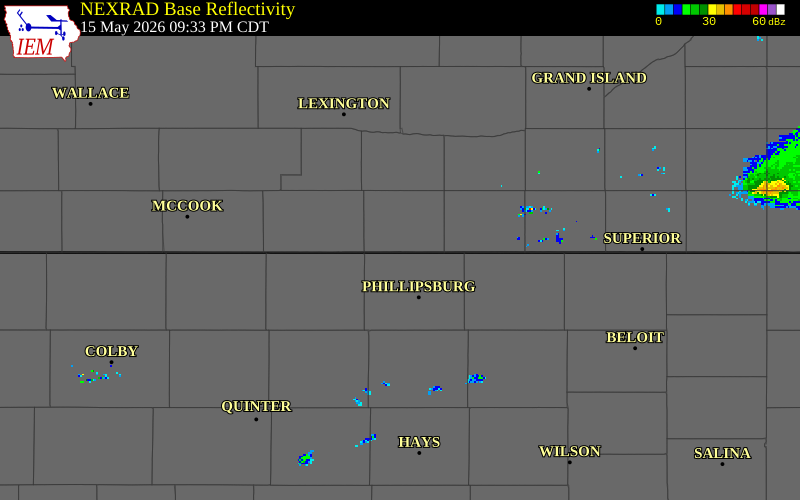NEXRAD radar during the Friday, May 15, 2026 storm activity in Harlan County, Nebraska