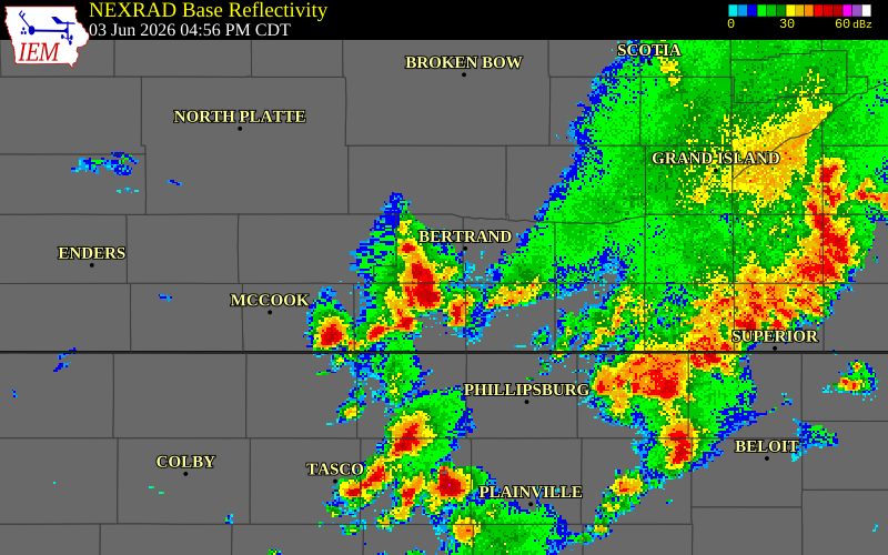 NEXRAD radar during the Wednesday, June 3, 2026 storm activity in Harlan County, Nebraska