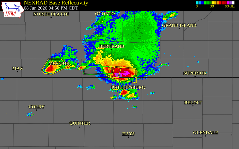 NEXRAD radar during the Monday, June 8, 2026 storm activity in Harlan County, Nebraska
