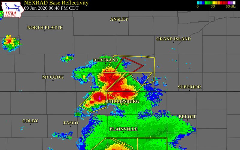 NEXRAD radar during the Tuesday, June 9, 2026 storm activity in Harlan County, Nebraska
