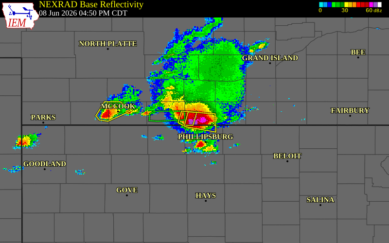 Radar snapshot during the Jun 8, 2026 wind event near 6 SSW Orleans, Harlan County, Nebraska, with NWS warning polygons