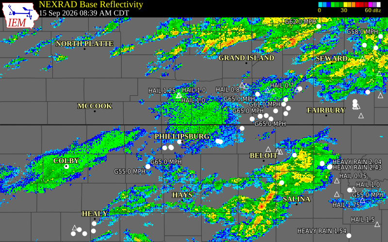 Current NEXRAD radar over Harlan County, Nebraska with recent storm report locations
