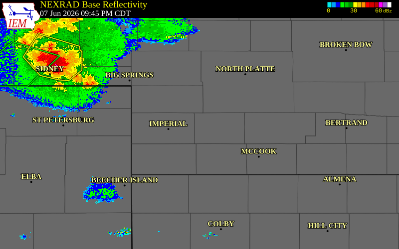 NEXRAD radar during the Sunday, June 7, 2026 storm activity in Hayes County, Nebraska