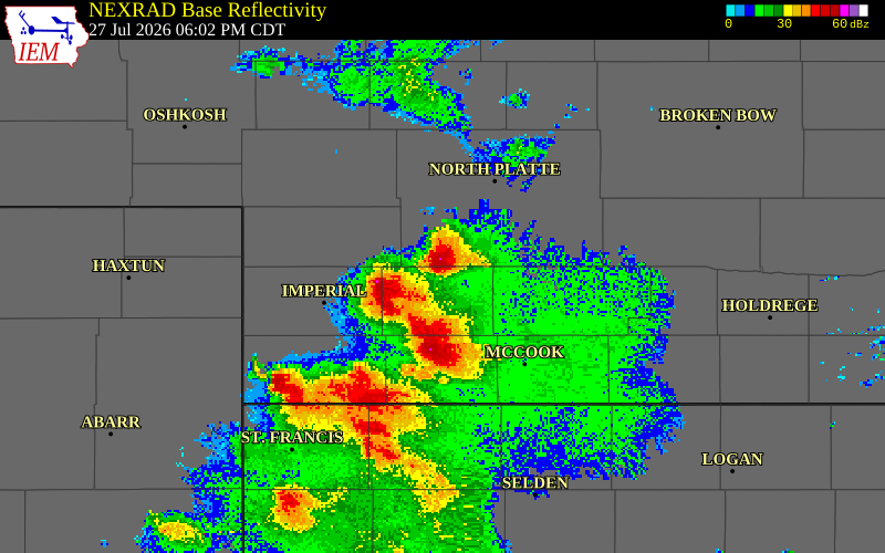 NEXRAD radar during the Monday, July 27, 2026 storm activity in Hayes County, Nebraska