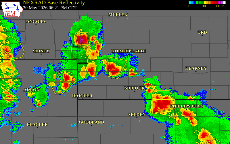Radar snapshot during the May 30, 2026 hail event near 10 S Wallace, Hayes County, Nebraska, with NWS warning polygons