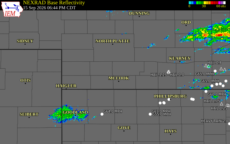 Current NEXRAD radar over Hayes County, Nebraska with recent storm report locations