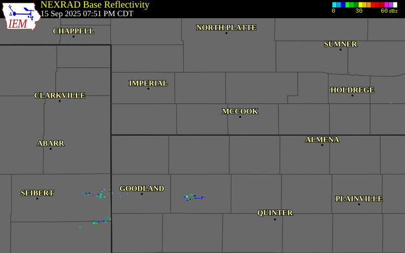 NEXRAD radar during the Monday, September 15, 2025 storm activity in Hitchcock County, Nebraska