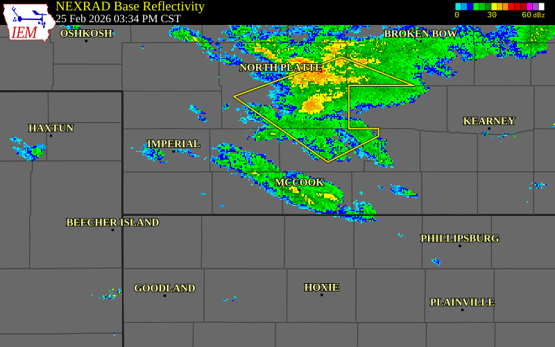NEXRAD radar during the Wednesday, February 25, 2026 storm activity in Hitchcock County, Nebraska