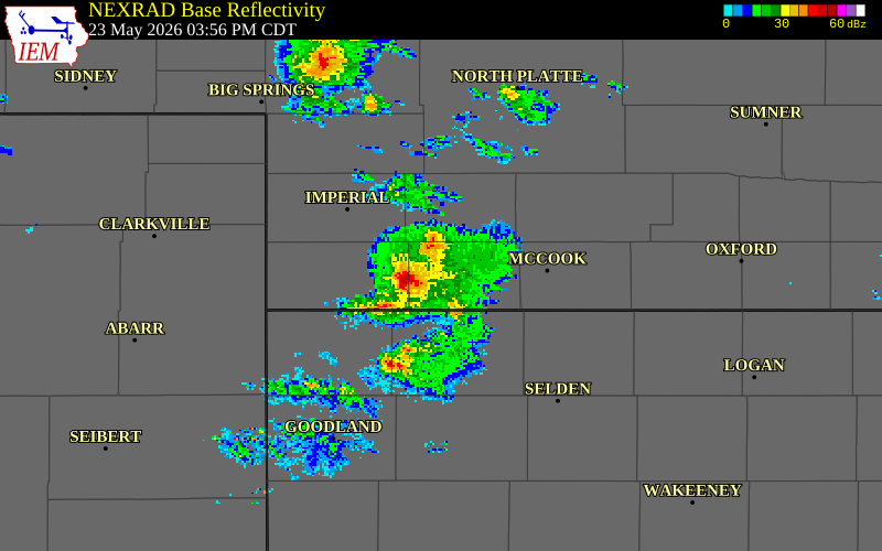 NEXRAD radar during the Saturday, May 23, 2026 storm activity in Hitchcock County, Nebraska