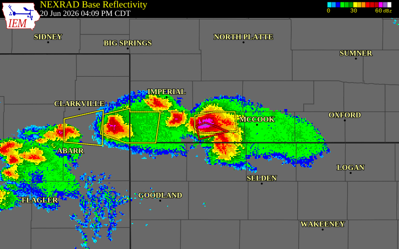 NEXRAD radar during the Saturday, June 20, 2026 storm activity in Hitchcock County, Nebraska