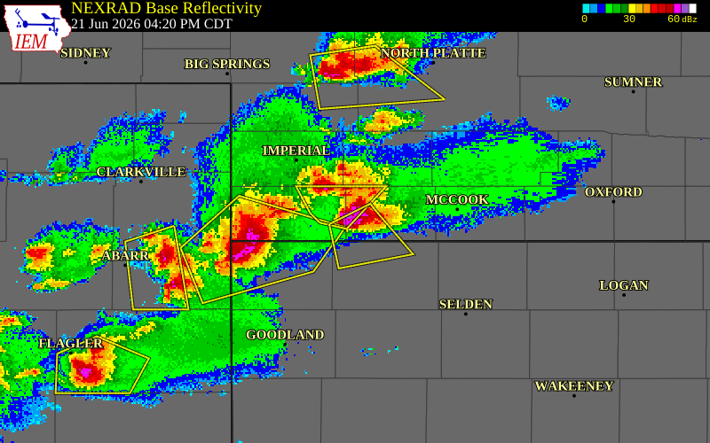 NEXRAD radar during the Sunday, June 21, 2026 storm activity in Hitchcock County, Nebraska