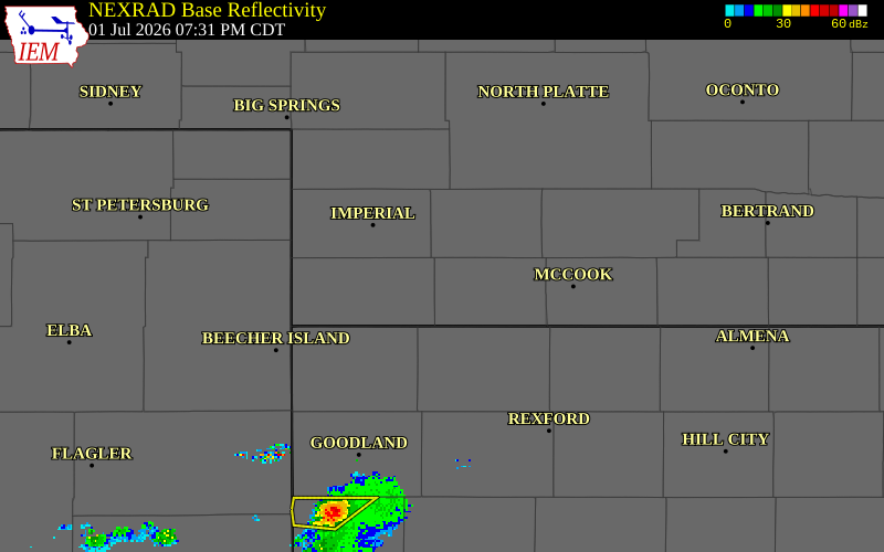 NEXRAD radar during the Wednesday, July 1, 2026 storm activity in Hitchcock County, Nebraska