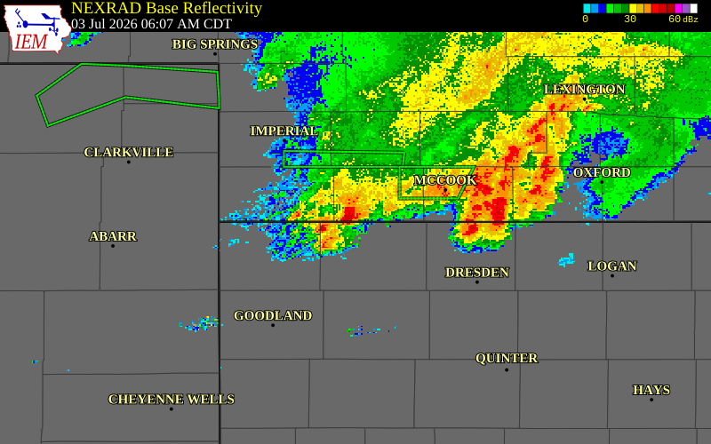 NEXRAD radar during the Friday, July 3, 2026 storm activity in Hitchcock County, Nebraska