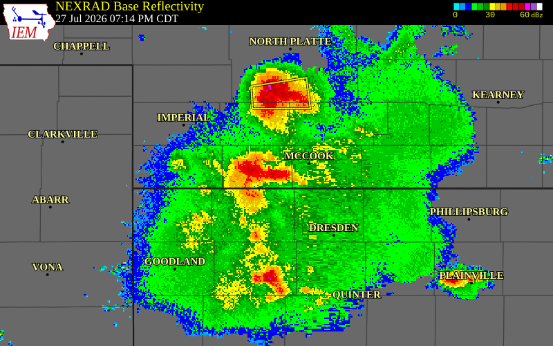 NEXRAD radar during the Monday, July 27, 2026 storm activity in Hitchcock County, Nebraska