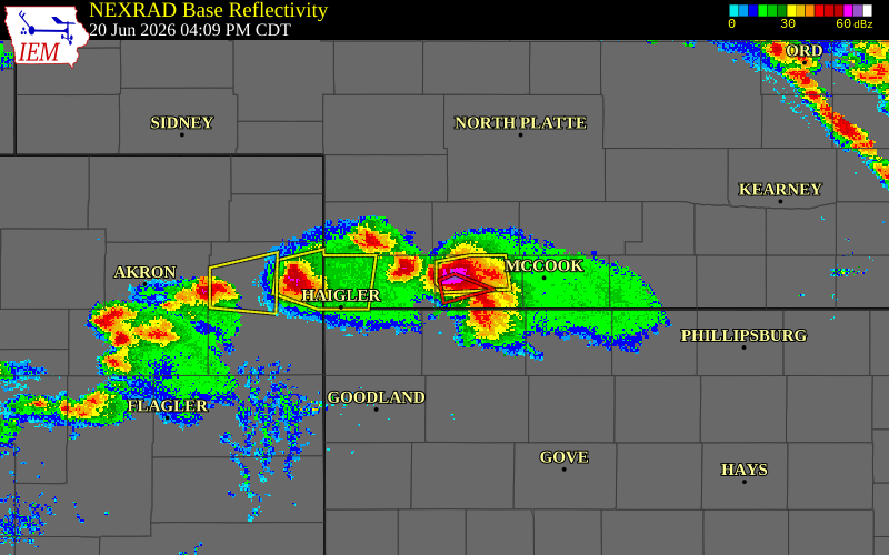 Radar snapshot during the Jun 20, 2026 tornado event near 4 NW Stratton, Hitchcock County, Nebraska, with NWS warning polygons